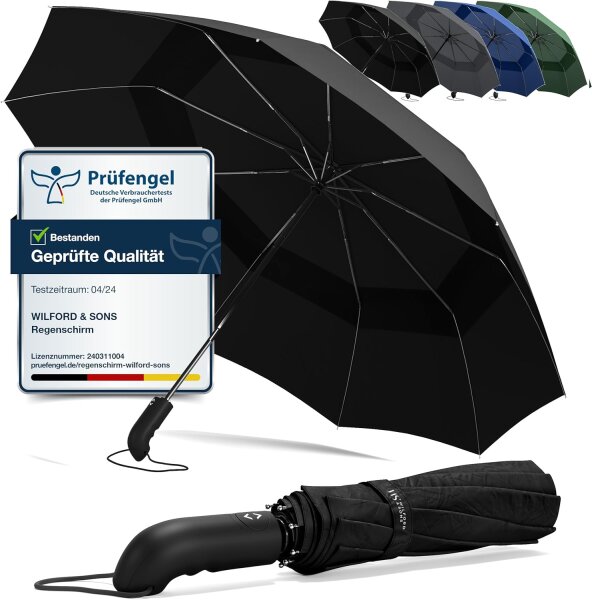 Wilford & Sons Regenschirm Taschenschirm Sturmfest + Auf-Zu Automatik Reiseschirm Taschenregenschirm Golfschirm Umbrella schwarz