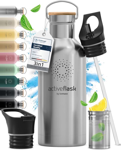 BeMaxx Trinkflasche Edelstahl ACTIVE FLASK silber Bamboo-Verschluss 530ml
