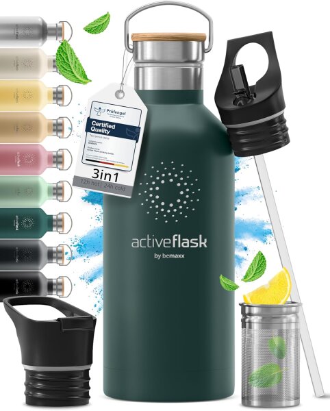 BeMaxx Trinkflasche Edelstahl ACTIVE FLASK oliv Bamboo-Verschluss 950ml