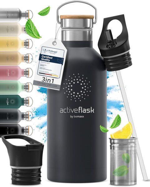 BeMaxx Trinkflasche Edelstahl ACTIVE FLASK schwarz Bamboo-Verschluss 530ml