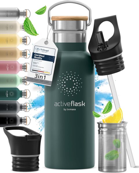 BeMaxx Trinkflasche Edelstahl ACTIVE FLASK grün Bamboo-Verschluss 530ml