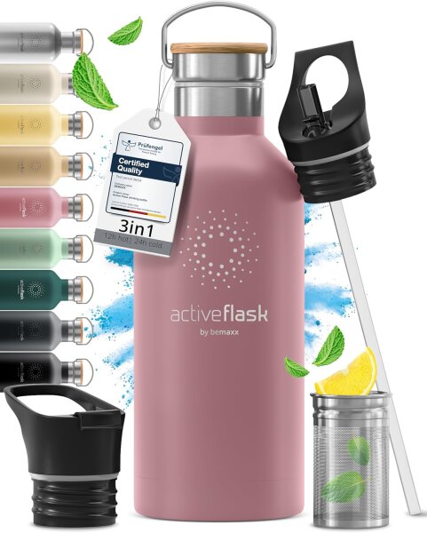 BeMaxx Trinkflasche Edelstahl ACTIVE FLASK rosa Bamboo-Verschluss 950ml