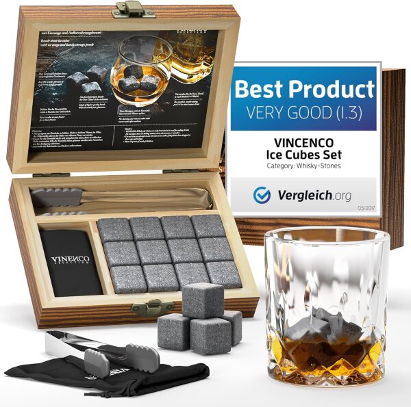 VINENCO Whisky Basalt Steine Set - 12 Wiederverwendbare Eiswürfel