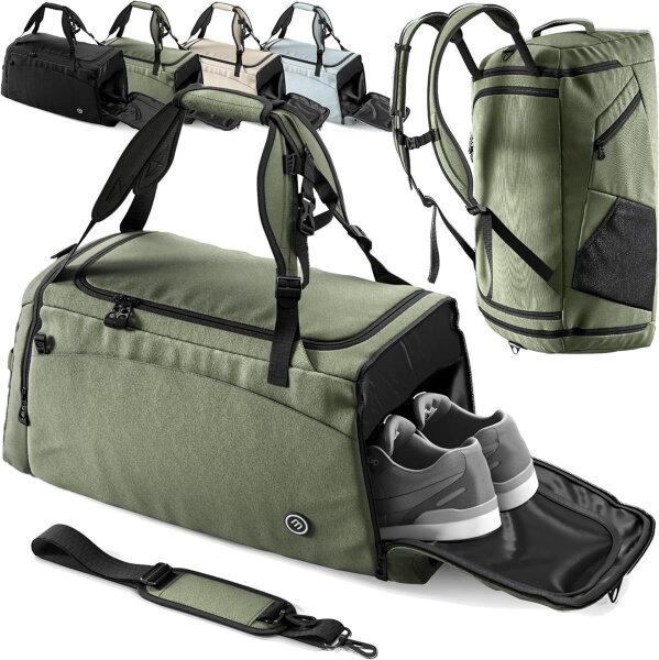 BeMaxx Sporttasche Trainingstasche + Rucksack Schuhfach grün 40L Reisetasche Schwimmtasche Sport