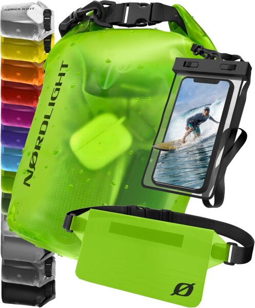 Nordlight 3er Set Wasserdichter Tasche Dry Bag 10L - Roll Top Tasche KurierTasche grün-semi transparent