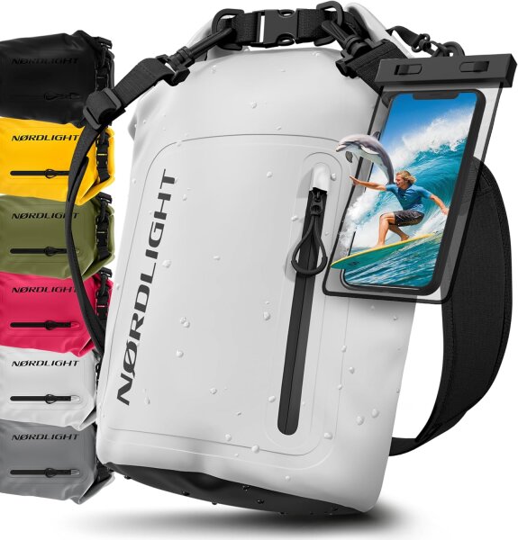 Nordlight Weiß, 20 Liter wasserdichte Tasche mit Handyhülle + Roll-Top, Schultergurt | Drybag wasserfester Tasche Beutel Packsack Seesack Wassersack Wetbag | Baden Schwimmen Strand SUP