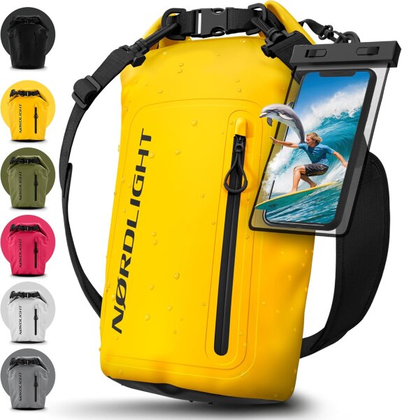 Nordlight Gelb, 20 Liter wasserdichte Tasche mit Handyhülle + Roll-Top, Schultergurt | Drybag wasserfester Tasche Beutel Packsack Seesack Wassersack Wetbag | Baden Schwimmen Strand SUP