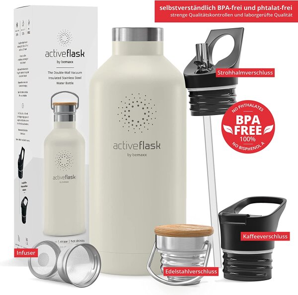 BeMaxx Trinkflasche Edelstahl ACTIVE FLASK weiß Bamboo-Verschluss 530ml