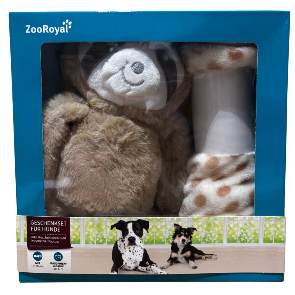 Hunde Geschenkset – Kuscheldecke + Faultier Kuscheltier mit Quietscher
