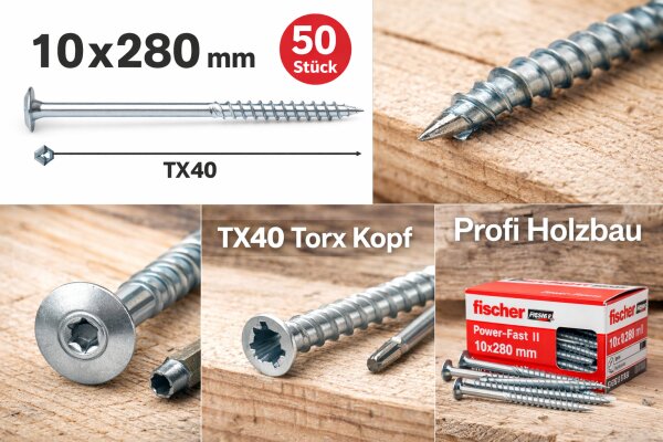 Fischer Holzbauschrauben Tellerkopf 10,0 x 280 mm TX40 – Power-Fast – 50 Stück
