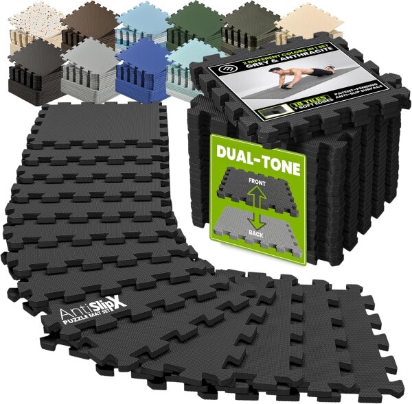 Puzzlematte 18-tlg. AntiSlipX Single Schwarz 32x32cm – Bodenschutzmatten für Fitness & Homegym