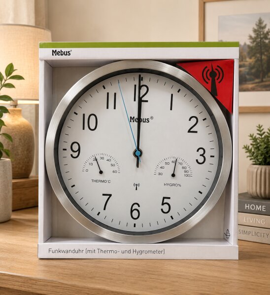 Funkwanduhr mit Thermometer & Hygrometer – Ø 30 cm, Weiß/SILBER