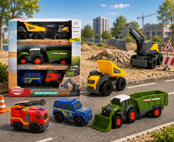 Dickie Toys Micro City Team – 5-teiliges Fahrzeug-Set mit Polizei, Feuerwehr, Traktor & Baustellenfahrzeugen