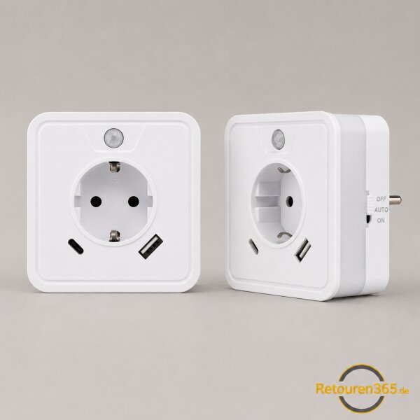 LED-Nachtlicht mit Bewegungsmelder, Steckdose, USB-A & USB-C – 2er-Set